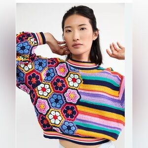 Farm Rio striped and floral crochet cotton sweater